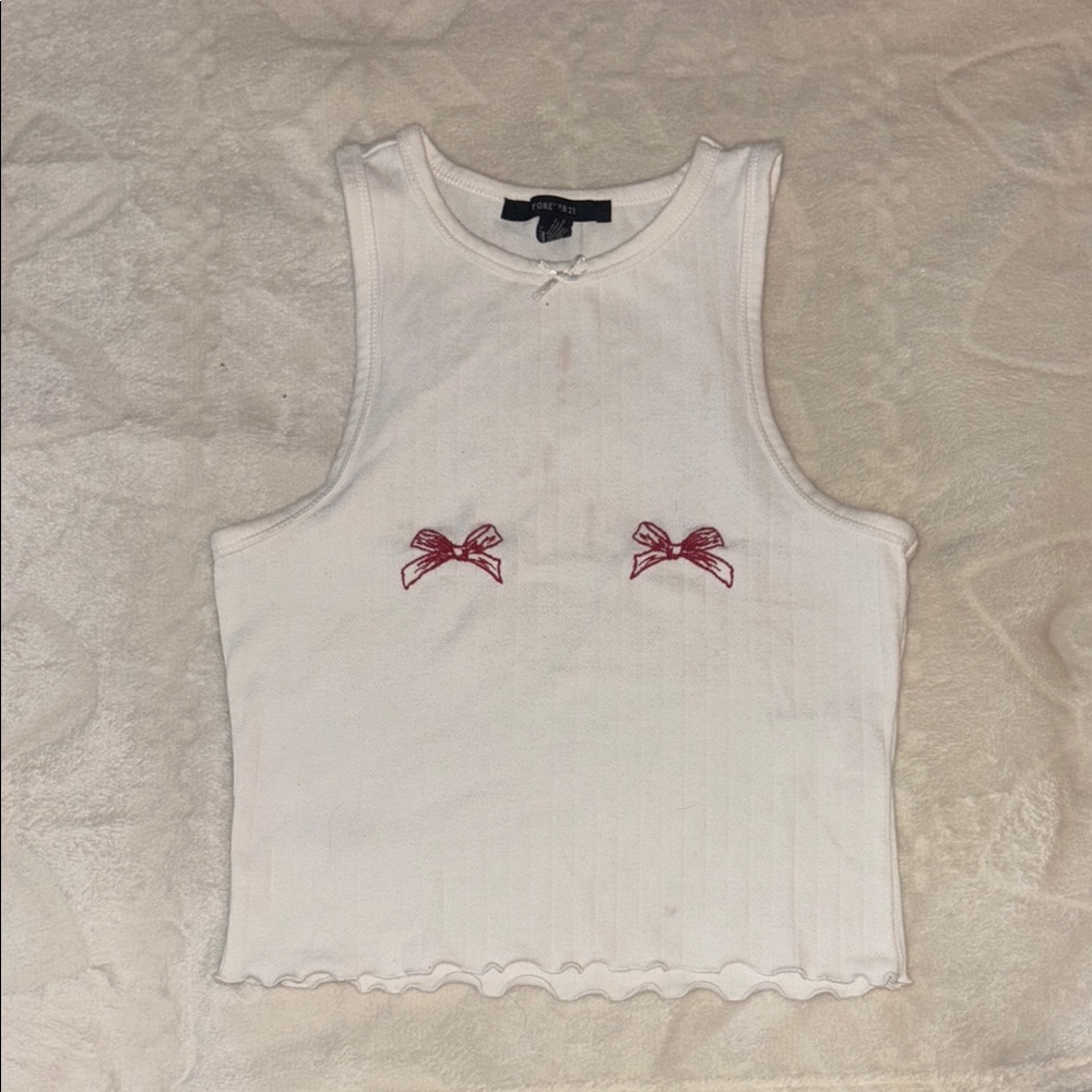 White Tank Top with Red Bow Accents